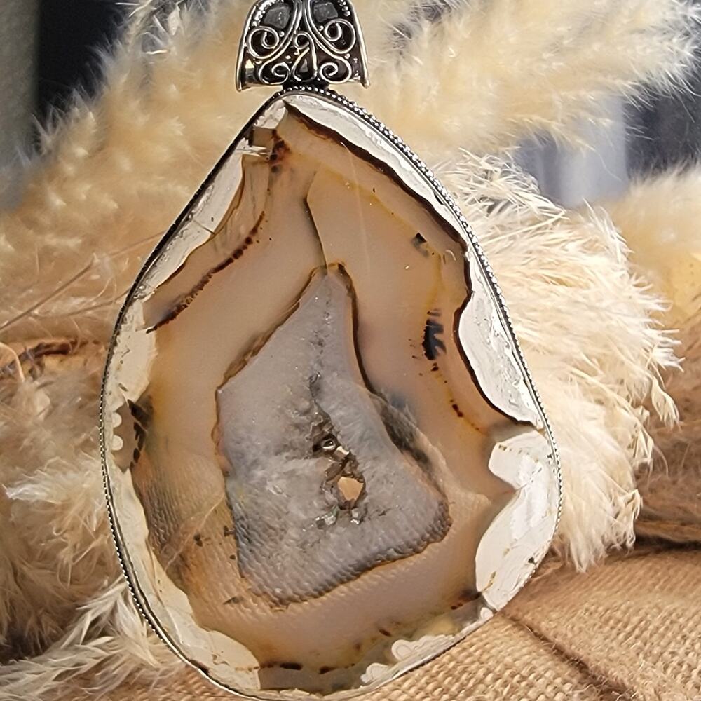 Striking Natural Agate Slice Pendant, Sterling Silver Statement Necklace